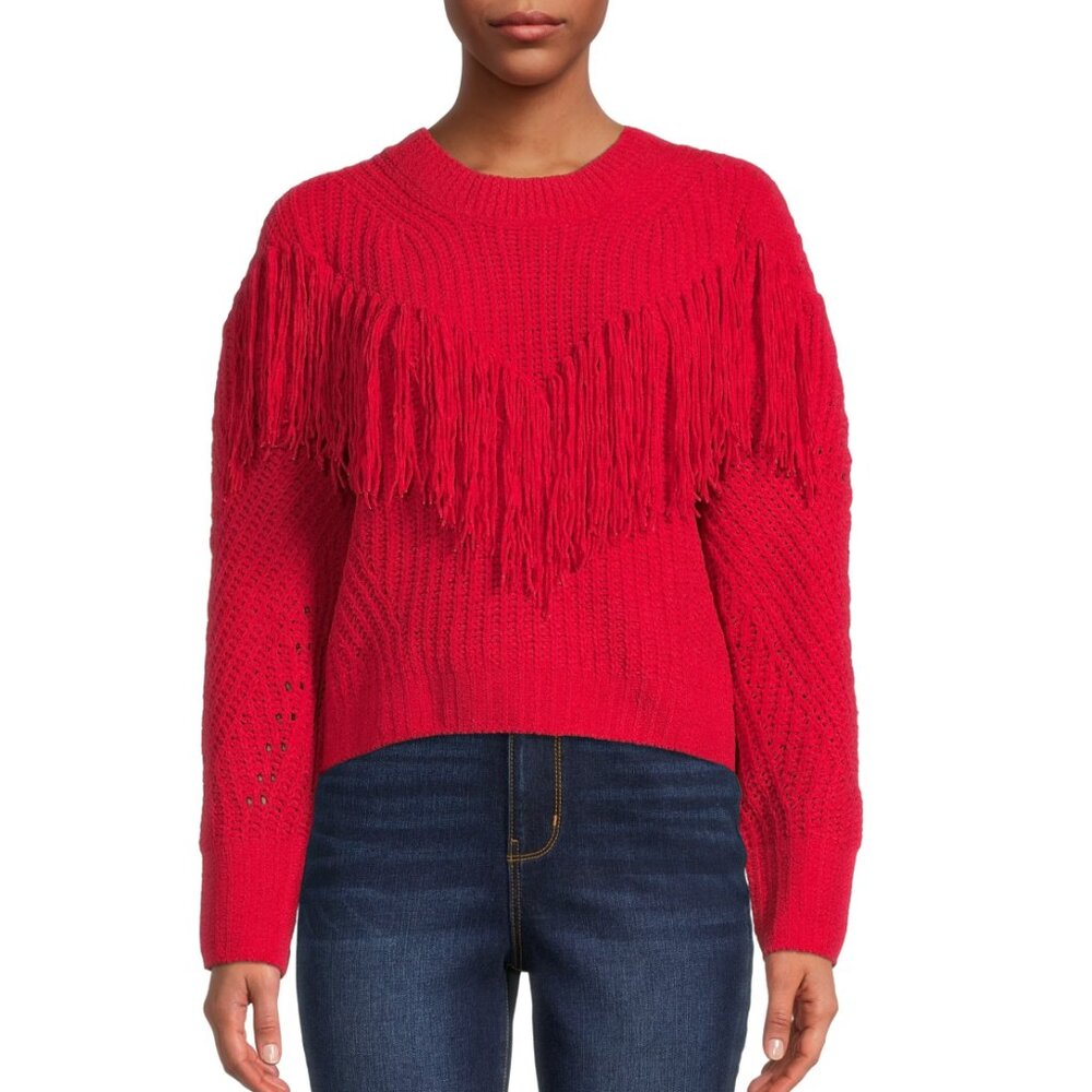 No Boundaries Women’s Red Cable Knit Fringe Chenille Sweater M